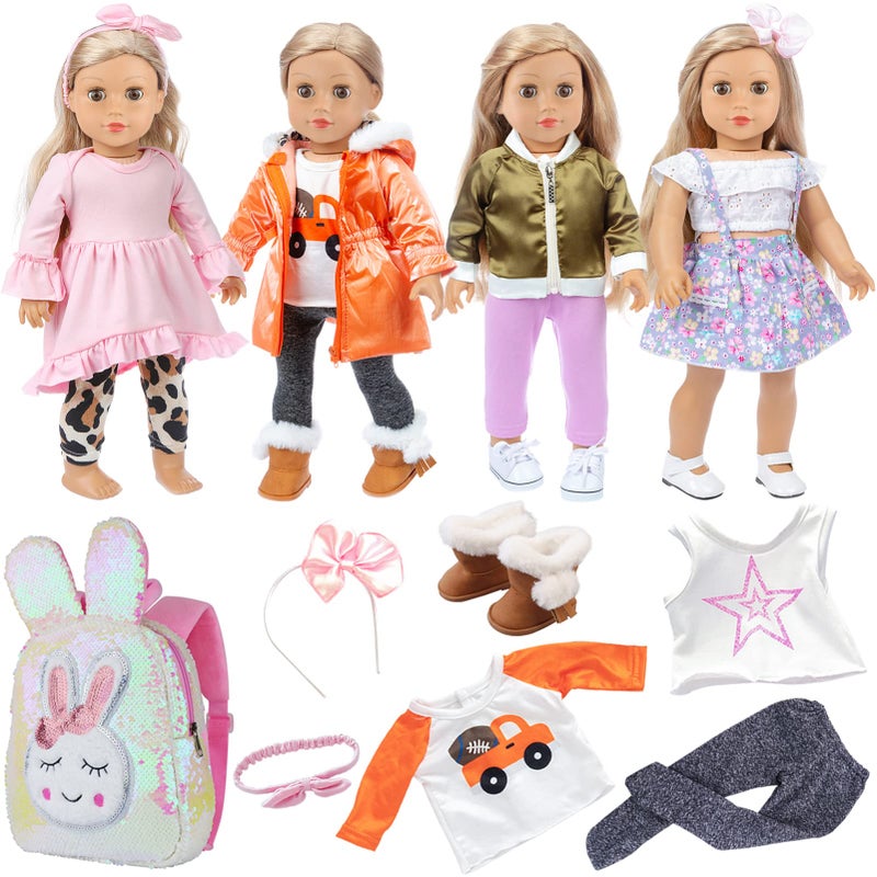 Ecore Fun 4 Sets 18 Inch Doll Clothes and Shoe and Cute Bag for Kids Casual Wear Oufits for 18 Inch Girl Doll Clothes with Hair Band Easter Bunny Backpack Birthday Gift for Kids - Image 1